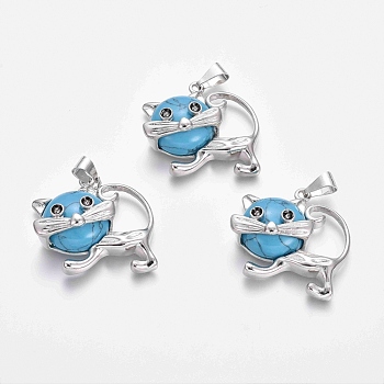 Synthetic Turquoise Kitten Pendants, with Platinum Tone Brass Findings, Cartoon Cat Shape, 28x30x9mm, Hole: 5x7mm