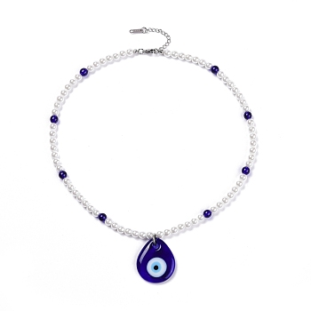 Lampwork Teardrop with Evil Eye Pendant Necklaces, with Glass Pearl and Glass Beads, Blue, 18.5 inch(47cm)