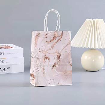 Kraft Paper Bags, with Handle, Gift Bags, Shopping Bags, Rectangle with Marble Pattern, Pink, 15x8x21cm