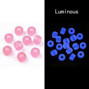 Transparent & Luminous Plastic Beads, Frosted, Pony Beads, Glow in the Dark, Barrel, Hot Pink, 9x6mm, Hole: 3.8mm, about 1900pcs/500g