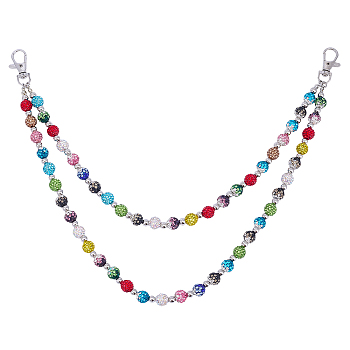 1Pc Polymer Clay Rhinestone Disc Ball and Round Acrylic Beaded Double Layer Pants Chains, with Alloy Clasps, Platinum, Colorful, 435mm