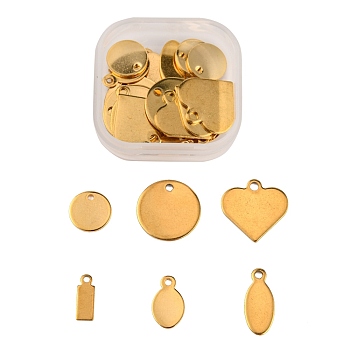 30Pcs 6 Style Ion Plating(IP) 304 Stainless Steel Charms, Stamping Blank Tag, Flat Round & Heart & Rectangle & Oval, Golden, 5pcs/style
