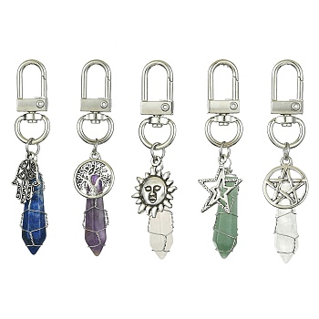 Copper Wire Wrapped Gemstone Bullet Pendant Decorations, Tibetan Style Alloy and Swivel Clasps Charms, Mixed Shapes, Antique Silver & Platinum, 72~75mm