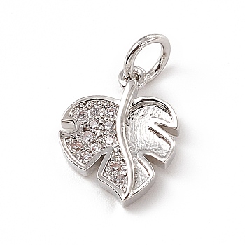 Brass Micro Pave Clear Cubic Zirconia Leaf Charms, with Open Jump Rings, Platinum, 13x10x2mm, Ring: 5x0.8mm, Hole: 3mm