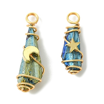 2Pcs Electroplated Natural Quartz Crystal Dyed Copper Wire Wrapped Pendants, Teardrop Charms with Brass Star & Moon, Golden, Blue, 28~37x9.5~15.5x7.5~16mm, Hole: 3.5~4mm