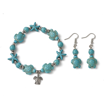 Starfish & Tortoise Synthetic Turquoise Beaded Stretch Bracelets & Dangle Earrings Kits, Alloy Jewely for Women, Dark Turquoise, 52x14mm