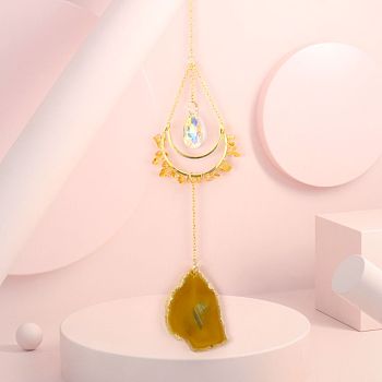 Natural Citrine Chip Wrapped Moon Hanging Ornaments, Glass Teardrop and Agate Slices Tassel Suncatchers for Home Outdoor Decoration, 430mm