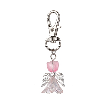 Angel Glass Pendant Decorations, with Alloy Swivel Lobster Claw Clasps, Pearl Pink, 63mm