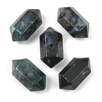 Natural Moss Agate Beads, Faceted, Hexagonal Double Terminated Point Bullet Beads, 24~26x12~14x12~14mm, Hole: 1.5~1.6mm