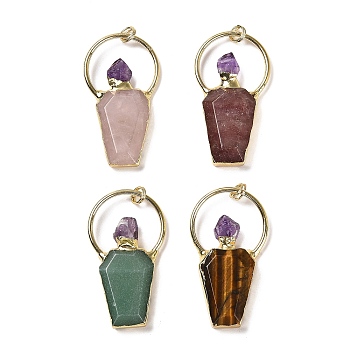 Natural Mixed Stone Big Pendants with Natural Amethyst, Faceted Bottle Charms with Rack Plating Golden Tone Brass Loops, Cadmium Free & Lead Free, 53~57x30x8~10mm, Hole: 5mm