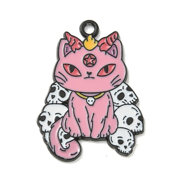 Halloween Theme Alloy Enamel Pendants, Black, Cat with  Skull Charm, Pink, 30x22x1.5mm, Hole: 1.8mm