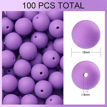 100Pcs Silicone Beads Round Rubber Bead 15MM Loose Spacer Beads for DIY Supplies Jewelry Keychain Making, Medium Purple, 15mm