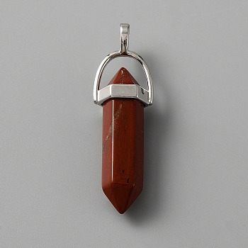 Natural Red Jasper Double Terminal Pointed Pendants, with Platinum Tone Zinc Alloy Findings, Faceted Bullet Charm, 41~43x13.5x10mm, Hole: 3.5x5.5mm