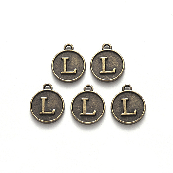 Alloy Pendant Cabochon Settings, For Enamel, Cadmium Free & Lead Free, Flat Round with Letter, Antique Bronze, Letter.L, 14x12x2mm, Hole: 1.5mm