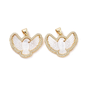 Pigeon Shaped Brass Micro Pave Clear Cubic Zirconia Pendants, with Natural Shell, Cadmium Free & Lead Free, Real 18K Gold Plated, 20x25x3mm, Hole: 3x4.5mm