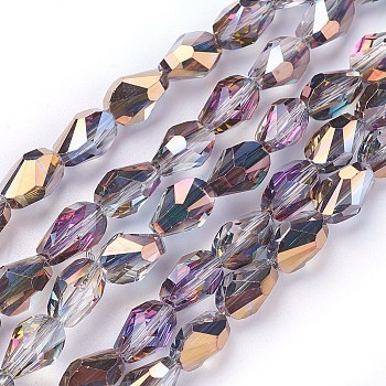 Electroplate Glass Beads Strands, Half Plated, teardrop, Faceted, Colorful, 8.5x6x6mm, Hole: 1mm, 21.2~23.2 inch(54~59cm), 65~70pcs/strand