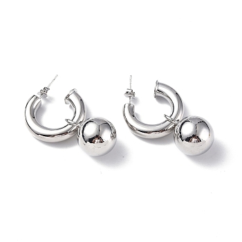 Brass Ring with Ball Dangle Stud Earrings, Brass Half Hoop Earrings for Women, Platinum, 35mm, Pin: 0.8mm