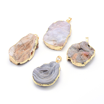 Natural Drusy Agate Nuggets Pendants, with Golden Plated Brass Finding, 40~50x25~32x8~17mm, Hole: 8x5mm
