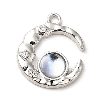 Rack Plating Alloy Rhinestone Pendants, with Glass, Cadmium Free & Lead Free, Moon with Flat Round, Platinum, 19x16.5x5mm, Hole: 1.6mm