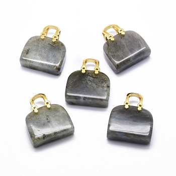 Natural Labradorite Brass Pendants, Golden, Bag, 27~29x24~26x9~13mm, Hole: 6mm