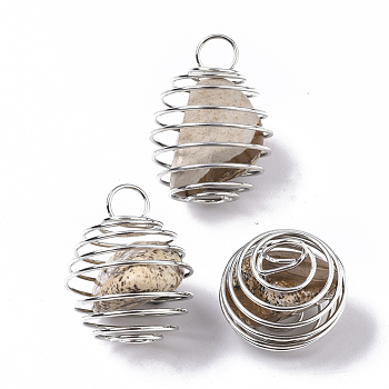 Iron Wrap-around Spiral Bead Cage Pendants, with Natural Picture Jasper Beads inside, Round, Platinum, 21x24~26mm, Hole: 5mm