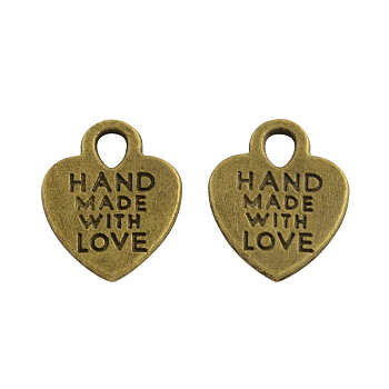 Tibetan Style Alloy Heart Charms, with Phrase Hand Made with Love, Cadmium Free & Nickel Free & Lead Free, Antique Bronze, 15x12x1mm, Hole: 2.5mm, about 1333pcs/1000g