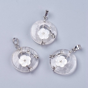 Natural Quartz Crystal Pendants, Rock Crystal Pendants, with Shell, Rhinestone and Platinum Tone Brass Findings, Flat Round with Flower, 35.5~36x28x8mm, Hole: 5x8mm