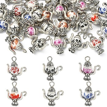 30Pcs 6 Styles Handmade Flower Printed Porcelain with Alloy Pendants, Teapot Charms, Platinum & Antique Silver, Mixed Color, 21.7mm, Hole: 2.7mm, 5pcs/style