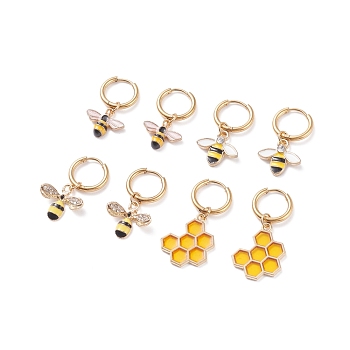 Bee Theme Enamel Dangle Hoop Earrings, Insect Drop Earrings for Women, Golden, Mixed Color, 26mm, Pin: 1mm