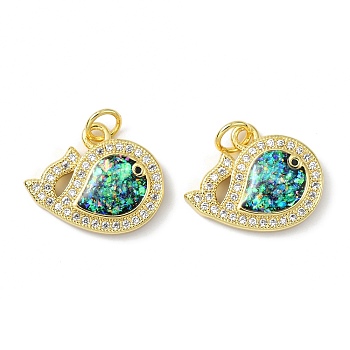Brass Micro Pave Cubic Zirconia Pendants, with Synthetic Opal and Jump Ring, Whale, Real 18K Gold Plated, 14.5x18x4mm, Hole: 3.5mm