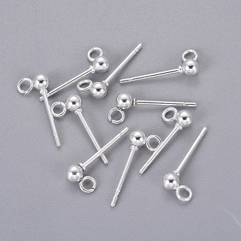 304 Stainless Steel Ball Stud Earrings Findings, with Loop, Round, Silver Color Plated, 13.5~15x5.5mm, Hole: 1.6mm, Pin: 0.7mm