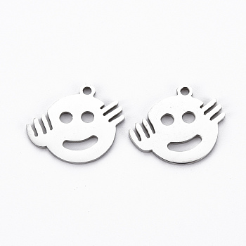 201 Stainless Steel Pendants, Cut, Flat Round with Expression, Stainless Steel Color, 14x17x1mm, Hole: 1.4mm