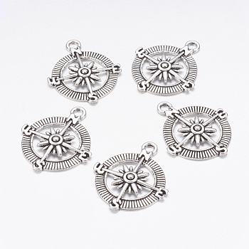 Tibetan Style Alloy Compass Pendants, Cadmium Free & Nickel Free & Lead Free, Antique Silver, 30x25x3mm, Hole: 2.5mm