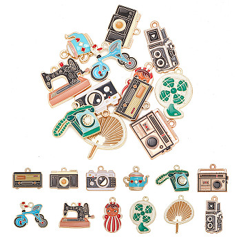 24Pcs 12 Style Alloy Enamel Pendants, Light Gold, Mixed Shapes, Mixed Color, 16~28x12.5~24x1.2~1.5mm, Hole: 1.5~2mm, 2pcs/style