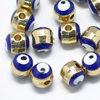 Alloy Beads, with Enamel, Column with Evil Eye, Light Gold, Blue, 5.5x6x6mm, Hole: 1.4mm
