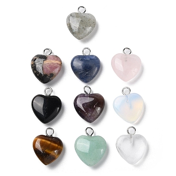 Natural & Synthetic Mixed Gemstone Pendants, Heart Charms with Platinum Plated Brass Loops, 14.8~15x12x4.1~4.6mm, Hole: 2mm