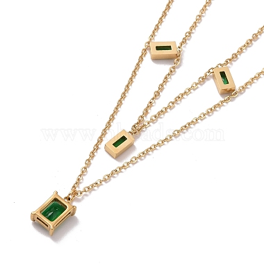 Green Glass Rectangle Charms Double Layer Necklace(NJEW-C036-03G)-3