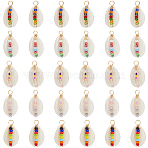 30Pcs Natural Shell Pendants, Rainbow Color Glass Seed Bead Copper Wire Wrapped Charms, Golden, Mixed Color, 27.5~29.5x13~14.5x9~10.5mm, Hole: 4.5mm(FIND-SC0015-63)