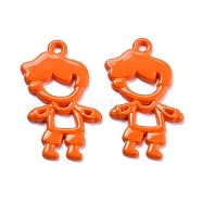 Spray Painted Alloy Pendant, Hollow out Boy, Orange Red, 22x13x1.5mm, Hole: 1mm(PALLOY-Z014-01G)