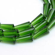 Transparent Glass Bead Strands, Cone, Green, 9~12x6mm, Hole: 2mm, about 47~49pcs/strand, 18.70 inch~19.49 inch(47.5~49.5cm)(X-GLAA-R170-6x12-01L)