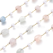304 Stainless Steel Link Chains, with Glass Pearl & Natural Morganite Nuggets Beads, Long-Lasting Plated, Unwelded, with Spool, Golden, Stone: 5~9.5x5~11x3.5~7.5mm, about 32.8 Feet(10m)/roll(CHS-K009-04G-C)