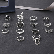 14Pcs 14 Style Rhombus & Eye & Snake & Elephant & Feather & Yoga Theme Rhinestone Finger Rings Set, Alloy Jewelry for Women, Antique Silver, Inner Diameter: 15~18mm, 1Pc/style(FIND-PW0009-01)