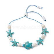 Turtle & Starfish Dyed Synthetic Turquoise Slider Bracelets, Summer Beach Adjustable Nylon Cord Bracelets for Women Men, Turquoise, Inner Diameter: 1-1/2~3 inch(3.8~7.7cm)(BJEW-JB10279-02)