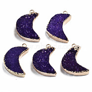 Natural Druzy Agate Pendants, Dyed, with Golden Plated Brass Edge and Loop, Moon, Dark Violet, 28~31.5x21~22.5x7.5~10.5mm, Hole: 2mm(G-Q998-037G)