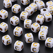 Opaque White Acrylic Beads, Metal Enlaced, Cube with Letters, Letter.C, 4.5mm, Hole: 2mm, about 5000pcs/500g(MACR-Q242-010C)