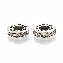 Alloy European Beads, Large Hole Beads, with Rhinestone, Flat Round, Antique Silver, Crystal, 11x3.5mm, Hole: 5mm(X-MPDL-S066-010C)