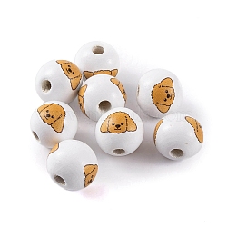 Wood European Beads, Round with Dog Pattern, White, 16x15mm, Hole: 4.5mm(WOOD-G021-01I)