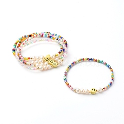 Glass Beads Stretch Bracelets, with Natural Pearl Beads & Polymer Clay Beads, Smile, Mixed Color, Inner Diameter: 2-1/8 inch(5.5cm)(BJEW-JB06414)