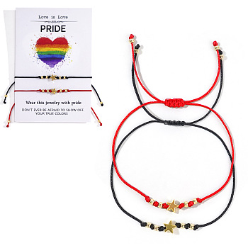 2Pcs Bohemian Style & Pride Rainbow Heart Iron Synthetic Non-magnetic Hematite Braided Bead Bracelets for Couple, Mixed Color, Inner Diameter: 11 inch(28cm)