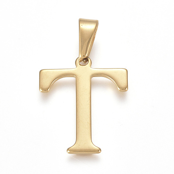 304 Stainless Steel Pendants, Golden, Initial Letter.T, 26x22x1.5mm, Hole: 3.5x10mm